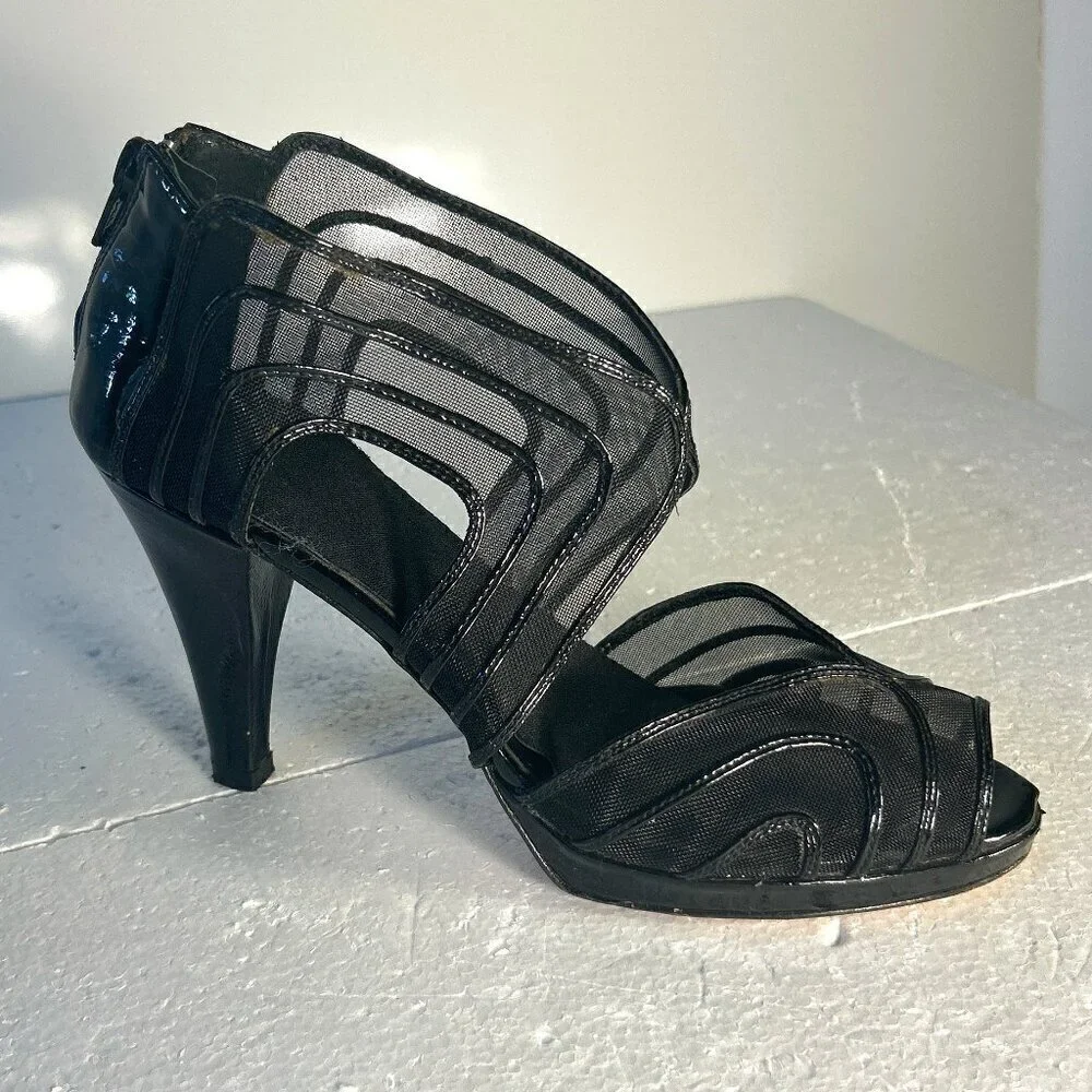 Italian leather black mesh open toe stiletto SZ 8 edgy party retro dressy unique